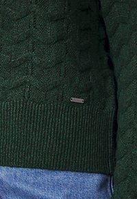 Dunkelgrüner Strickpullover mit strukturiertem Muster, gerippten Bündchen und einem silbernen Logotag. Wird über einem Denim-Teil am Saum getragen.