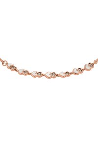 Armband aus Roségold mit abwechselnd herzförmigen Gliedern, die mit weißem Emaille und klaren Kristallen verziert sind. Glatte Textur mit glänzenden Akzenten.