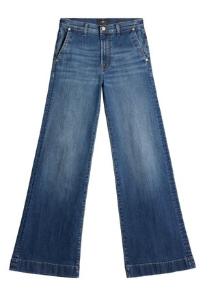 Jeans in denim a gamba larga di colore blu scuro, con vita alta, classico design a cinque tasche e leggero sbiadimento sulle gambe e sull'orlo.