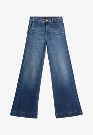 Jean en denim à jambes larges dans un lavage bleu foncé, présentant une taille haute, un design classique à cinq poches et un léger dégradé sur les jambes et l'ourlet.
