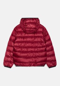 Chaqueta de plumas roja con una textura brillante y acolchada, capucha, puños elásticos y un dobladillo recto. Presenta patrones de costura horizontales.