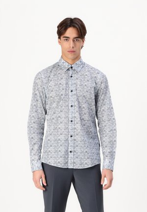 Cămașă cu nasturi, având un model floral în culori bleu deschis și alb, cu guler, mâneci lungi și nasturi negri. Țesătură texturată.