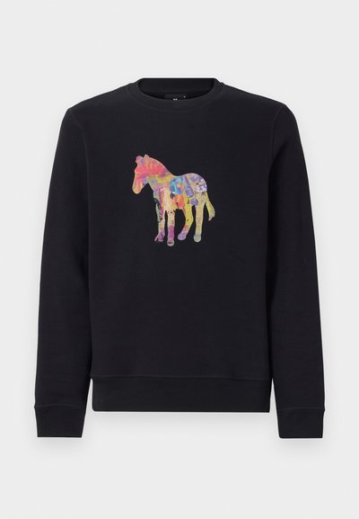 Black sweatshirt featuring a colorful graphic of a horse. The design showcases various shades including pink, blue, and yellow.