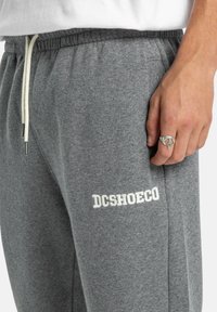 Graue Sweatpants mit elastischem Bund, versehen mit gesticktem "DCSHOECO"-Logo in Weiß, Kordelzugverschluss und einem weichen, strukturierten Stoff.