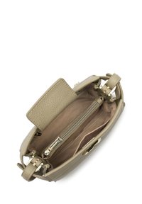 Beige leather handbag with textured finish, featuring a zipper pocket and fabric lining. Gold hardware accents visible. Interior has compartments.