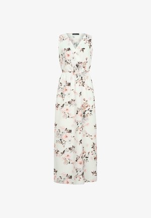 Cvečni maksi obleka iz lahkega materiala z V-izrezom, brez rokavov, elastičnim pasom in pisanimi cvetličnimi vzorci na svetli podlagi.