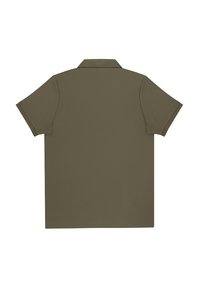 Zielona oliwkowa koszulka polo z krótkim rękawem, z klasycznym kołnierzykiem, gładkim, teksturowanym materiałem, prostym dołem i minimalnymi detalami.