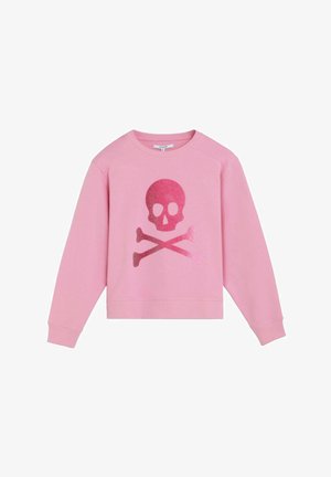 Sudadera rosa de manga larga con diseño de calavera y huesos cruzados en rosa oscuro brillante en el frente, cuello redondo y puños acanalados.