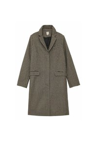Manteau à motif pied-de-poule noir et beige, avec un col, des manches longues, deux poches avant et une coupe mi-longue.