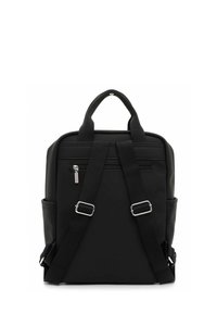 Sac à dos noir en matériau lisse avec des bretelles réglables, une poignée supérieure et une poche zippée à l'arrière. Design épuré et minimaliste.