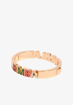 Bransoletka z metalem w kolorze złotym z wyrazistymi literami tworzącymi napis "BIMBA" w czerwonej, zielonej i różowej emalii na froncie.