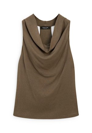 Ärmelloses braunes Top mit drapiertem Wasserfallausschnitt, aus weichem Stoff, mit Massimo Dutti-Etikett, flach auf weißem Hintergrund gelegt.