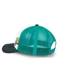 Casquette de camionneur avec un panneau avant blanc, une visière noire et un dos en maille verte. Comprend des accents brodés et une fermeture snapback.