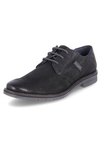 Scarpa in pelle nera con lacci, dalla tomaia liscia, lacci grigi e suola a contrasto. Presenta un piccolo logo sul lato e cuciture tono su tono.