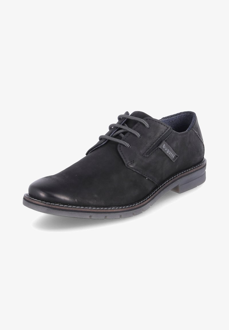Scarpa in pelle nera con lacci, dalla tomaia liscia, lacci grigi e suola a contrasto. Presenta un piccolo logo sul lato e cuciture tono su tono.