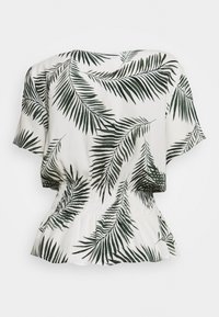 Korte mouw top van lichtgewicht stof met een witte achtergrond en een groen palmblaadjespatroon; heeft een elastische taille voor een blouson-effect.