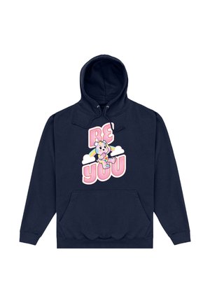 Granatowa bluza z kapturem z kieszenią z przodu, z różową grafiką, na której znajduje się napis "BĄDŹ SOBĄ" oraz rysunkowy miś i chmury.