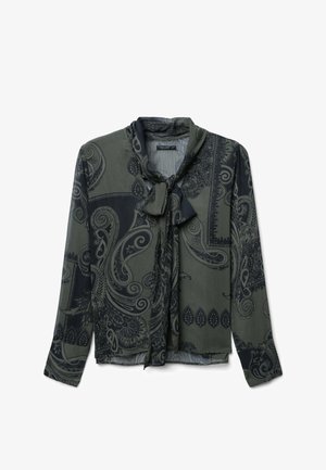 Grüne Bluse mit einem dunkelblauen Paisleymuster, einem Bindekragen-Design, langen Ärmeln und einem leichten, strukturierten Stoff.