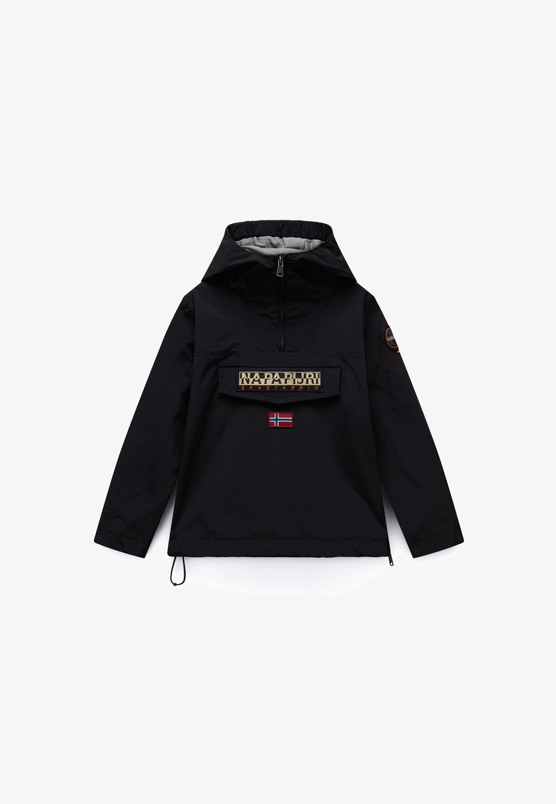 Schwarze Pulloverjacke mit hohem Kragen, Halb-Reißverschluss, Fronttasche mit Markenlogo und einem kleinen Emblem der norwegischen Flagge. Glatte Stoffstruktur.