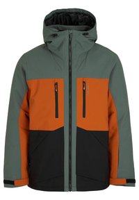Kleurenblockjack met groene, oranje en zwarte panelen. Gemaakt van waterbestendig materiaal. Voorzien van een capuchon en ritszakken.