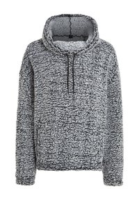 Fluffy pulover u crnoj i sivoj boji, s visokim ovratnikom, polu-zip zatvaračem i teksturiranim flis materijalom kroz cijeli dio.