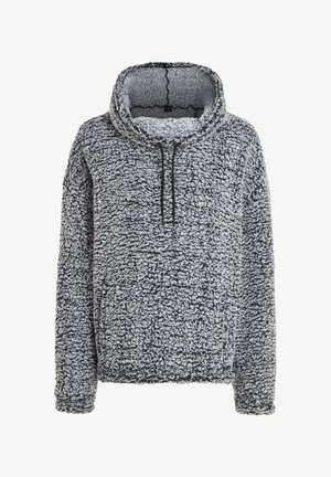 Pull-over peluche en noir et gris, avec un col haut, une fermeture éclair moyenne et un matériau en polaire texturé sur l'ensemble.