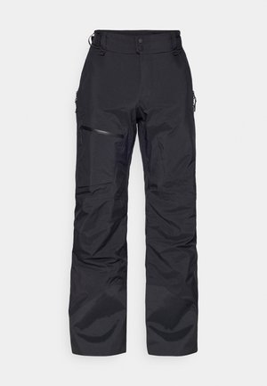 Black waterproof snow pants with adjustable waistband, side pockets, and reinforced cuffs. Textured fabric and relaxed fit for comfort.