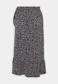 Gonna nera a fiori con orlo arricciato, caratterizzata da un motivo ripetuto di fiori rosa e bianchi su un tessuto leggero. Vita elastica per il massimo comfort.