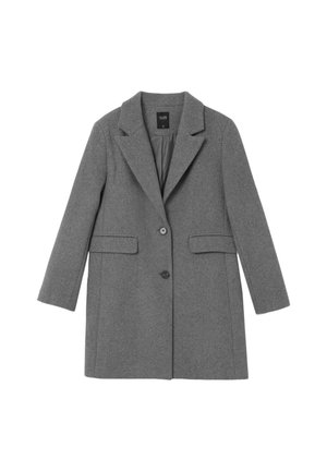 Manteau en mélange de laine grise avec un col cranté, fermeture à un bouton, deux poches avant et manches longues. Texture lisse, design ajusté.