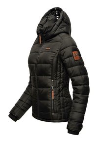 Black puffer jacket with a fitted design, zippered front, and contrasting brown leather accents. Features a hood and ribbed cuffs.