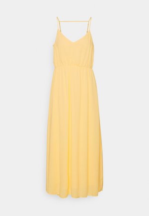 Robe maxi jaune avec des bretelles spaghetti, décolleté en V et une taille élastique pour un ajustement ample. Fabriquée en tissu léger, au design fluide.