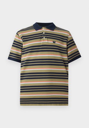 Short-sleeve polo shirt with navy collar, olive base, and horizontal stripes in navy, coral, and light blue, featuring small chest logo.