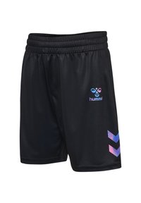 Svarta shorts i slätt tyg med elastisk midja. Har en färgglad logotyp och ett rosa-blått zigzag-mönster på sidan.