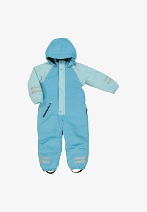 Blauwe waterdichte overall voor de sneeuw met een capuchon, voorzien van lichterblauwe accenten en reflecterende strepen, met ritszakken en elastische cuffs en enkels.