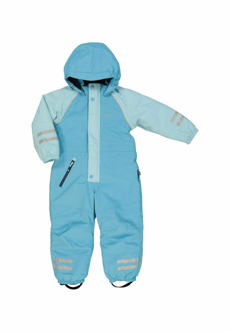 Blå vattentät snödräkt med huva, med ljusblå accenter och reflexränder, dragkedjefickor samt elastiska muddar och anklar.