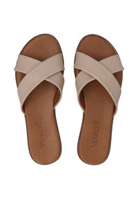 Beige tværrems slide sandaler med en glat overflade og en brun læder indersål. Brandnavnet "VENEZIA" er præget på fodbedet.