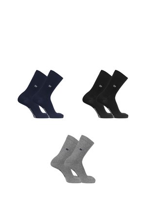 Trois paires de chaussettes montantes en bleu marine, noir et gris, chaque paire présentant un petit logo près de la cheville et un texte sur la semelle du pied.