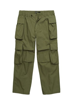 Cargo-Hosen in Olivgrün, aus leichtem Material, mit elastischem Taillenbund, mehreren Seitentaschen und geradem Bein.