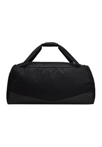 Sac de sport noir en tissu durable ; forme cylindrique avec deux poignées et un compartiment zippé sur un côté.