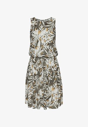 Ärmelloses Kleid aus leicht grühem Stoff mit einem Blumenmuster in Weiß und Braun. Hat einen entspannten Schnitt und eine geraffte Taille.