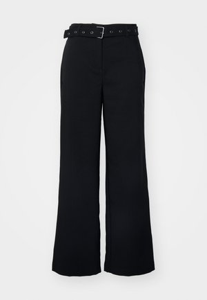 Black wide-leg trousers with a belted waist featuring a silver-tone buckle and multiple belt holes. Smooth texture, no visible patterns.