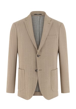 Beiger Fischgräten-Männerblazer mit Kerbkragen, zwei Knöpfen, drei Fronttaschen und einem hellgrauen Innenfutter.
