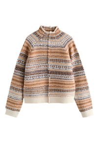 Cardigan en tricot avec un col montant, présentant des motifs multicolores en orange, marron et crème, avec des poignets et un ourlet côtelés.