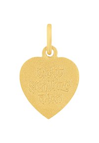 Guldhjärtformad hänge med matt finish, graverad med texten "Gott schütze dich." Inkluderar en ögla för fäste.