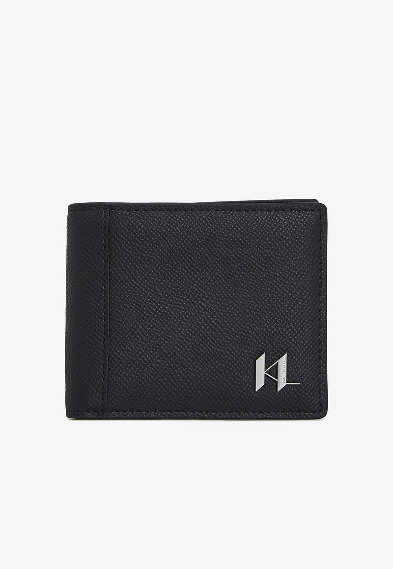 Black leather wallet with a textured surface, bi-fold design, embossed logo in silver, and contrasting stitching along the edges.