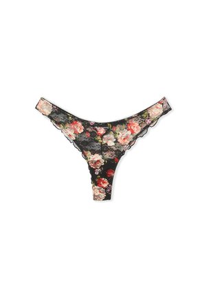 Thong en dentelle noire avec un motif floral en rose, rouge et vert. Présente des bords festonnés et une texture douce. Détail de design élégant tout au long.