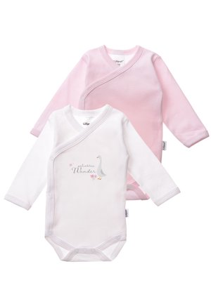 Two long-sleeve bodysuits: one white with a gray duck graphic and text, the other pink with white stripes. Soft cotton fabric, snap closures.