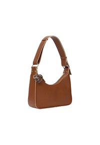 Braune Lederhandtasche mit geschwungener Form, großen Schulterriemen, silbernem Metallzubehör und einem Reißverschluss mit einem Anhänger-Detail des Logos.