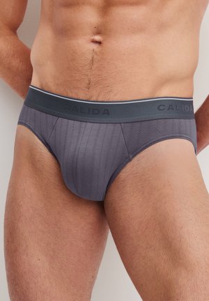 Torso maschile che indossa slip grigi a coste con fascia scura in vita e nome del marchio, in piedi su uno sfondo semplice.
