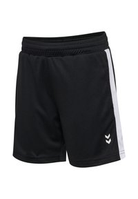 Schwarze Sportshorts mit elastischem Bund, weißen Seitenstreifen und einem Chevron-Logo im unteren Viertel. Hergestellt aus einem glatten, leichten Material.